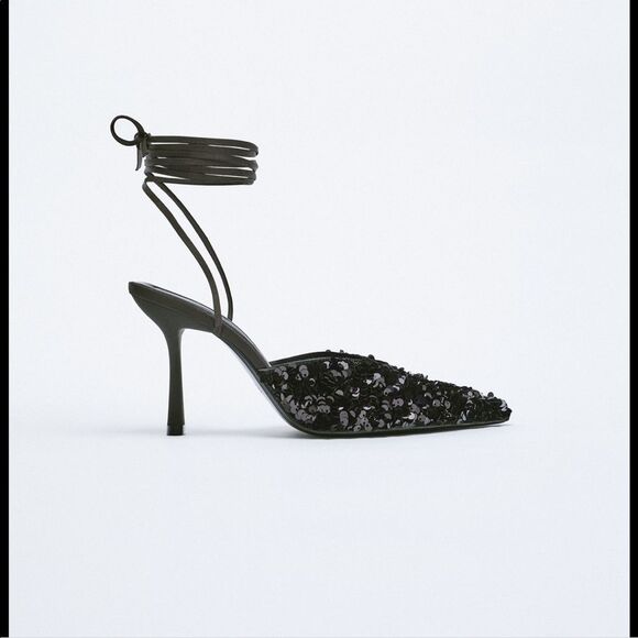 ZARA SEQUIN LACE UP HEELED SHOES - Picture 5 of 7